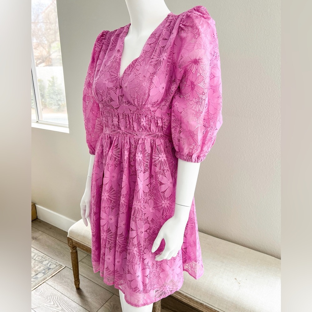 RACHEL PARCELL Pink Lace A-Line Knee Length Dress with Balloon 3/4 Sleeve Size 4